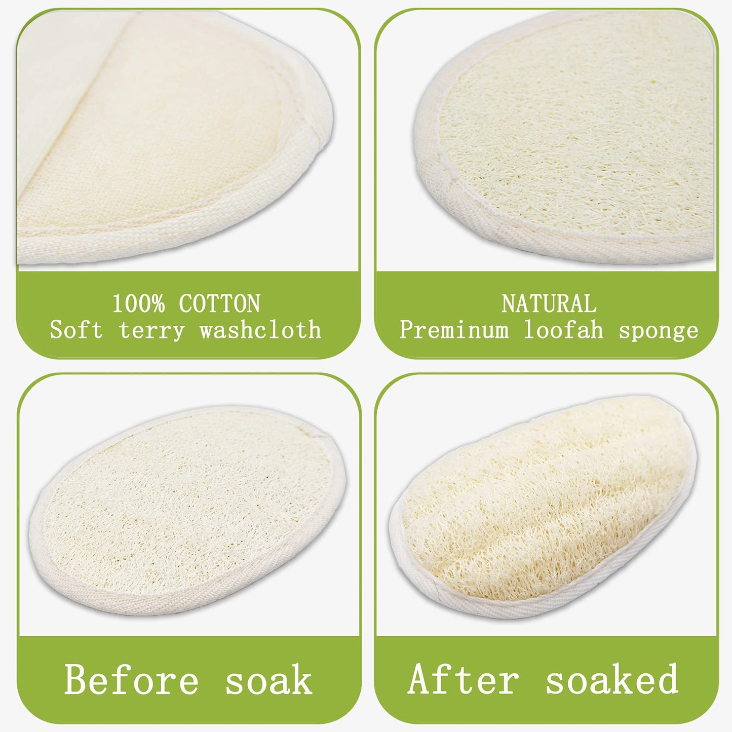 2 Pack Exfoliating Shower Loofah Sponge Pads, Body Scrubber for Men Women Removing Dead Skin, Made with Natural Luffa and Terry Cloth, 5.9x3.7IN
