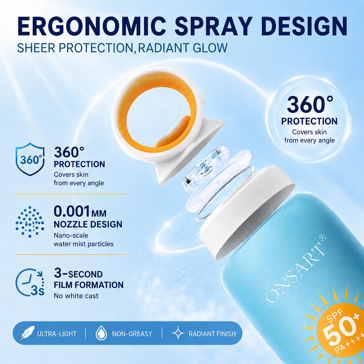 Reef Safe Mineral Sunscreen Spray SPF 50+ with Zinc Oxide, Broad Spectrum UVA/UVB Protection, Lightweight Non-Greasy, Travel Size Sunscreen for Face Beauty and Personal Care ONSART