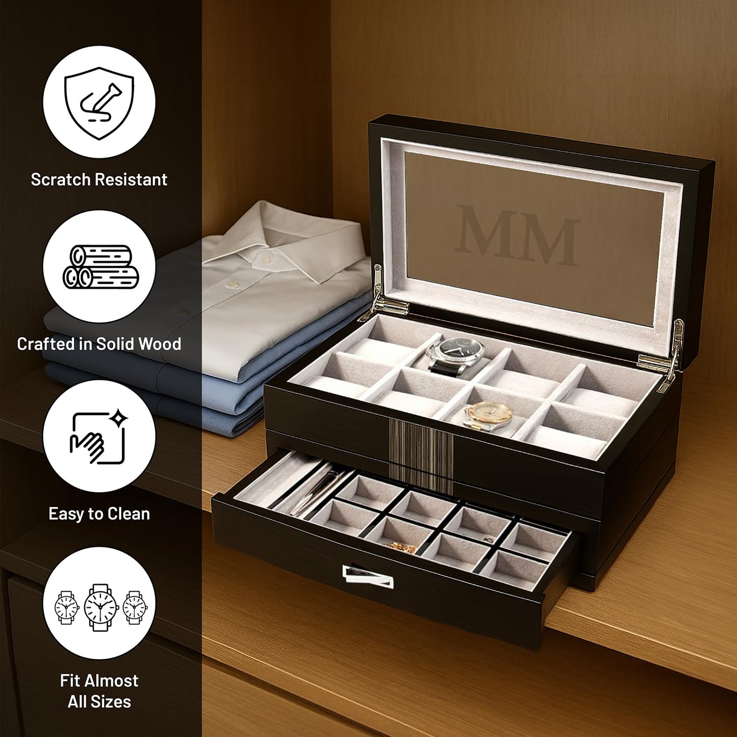 Bey-Berk Tucker 10-Slot Watch and Jewelry Box, Lacquered Wenge Wood Glass-Top Organizer with Velour-Lined Cufflink and Pen Drawer, 12" x 8" x 6"