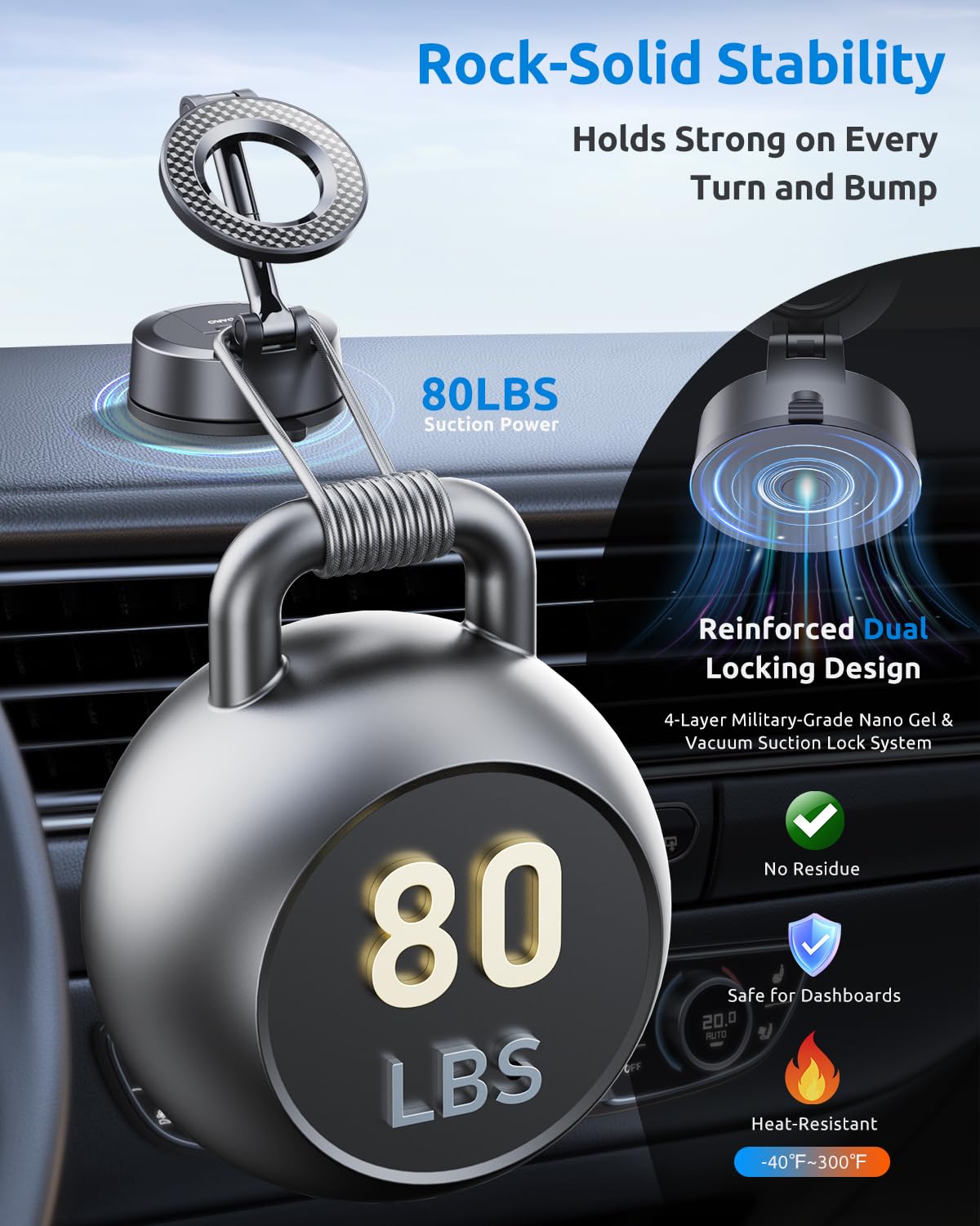 Vacuum Magnetic Car Phone Holder, 360°Adjustable, Compatible with iPhone 12-17 Series & Dashboard Mount & Tesla, 80+LBS Strong Suction Cup Phone…