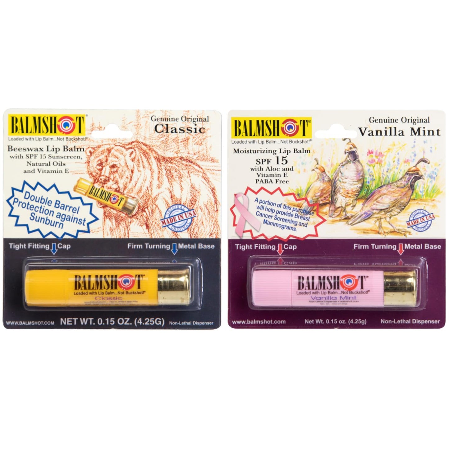 BALMSHOT Lip Balm (2-Pack) of Classic & Pure Pink Vanilla Mint - SPF 15, Beeswax Chapstick for Dry Chapped Lips, 20-Gauge Brass Shotgun Shell Tube