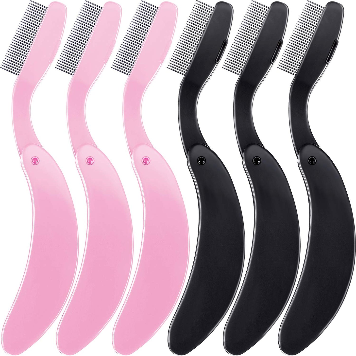 TecUnite Folding Eyelash Comb, Stainless Eyebrow Comb Eyelash and Brow Makeup Brush (3 Black and 3 Pink)