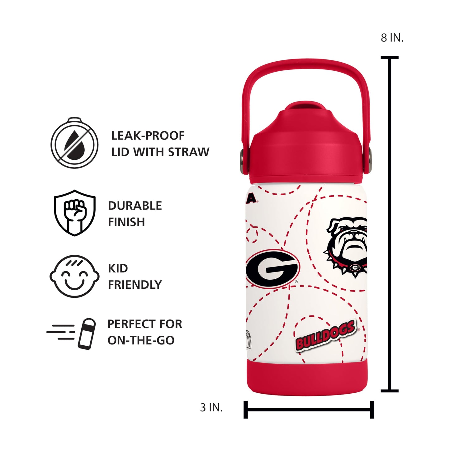 Logo Brands NCAA Georgia Bulldogs Mascot Stainless-Steel Kids Bottle -Soft Silicone Mouthpiece, Easy To Carry, Kid-Friendly Design- Great For School