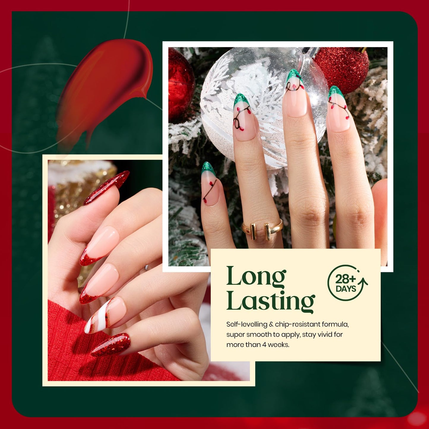 Beetles Valentines Gel Nail Polish, Red Sparkle Green Glitter Gold Silver Winter Gel Polish Dark Red Gel Polish Kits Soak Off Nail Lamp Uv LED Cured