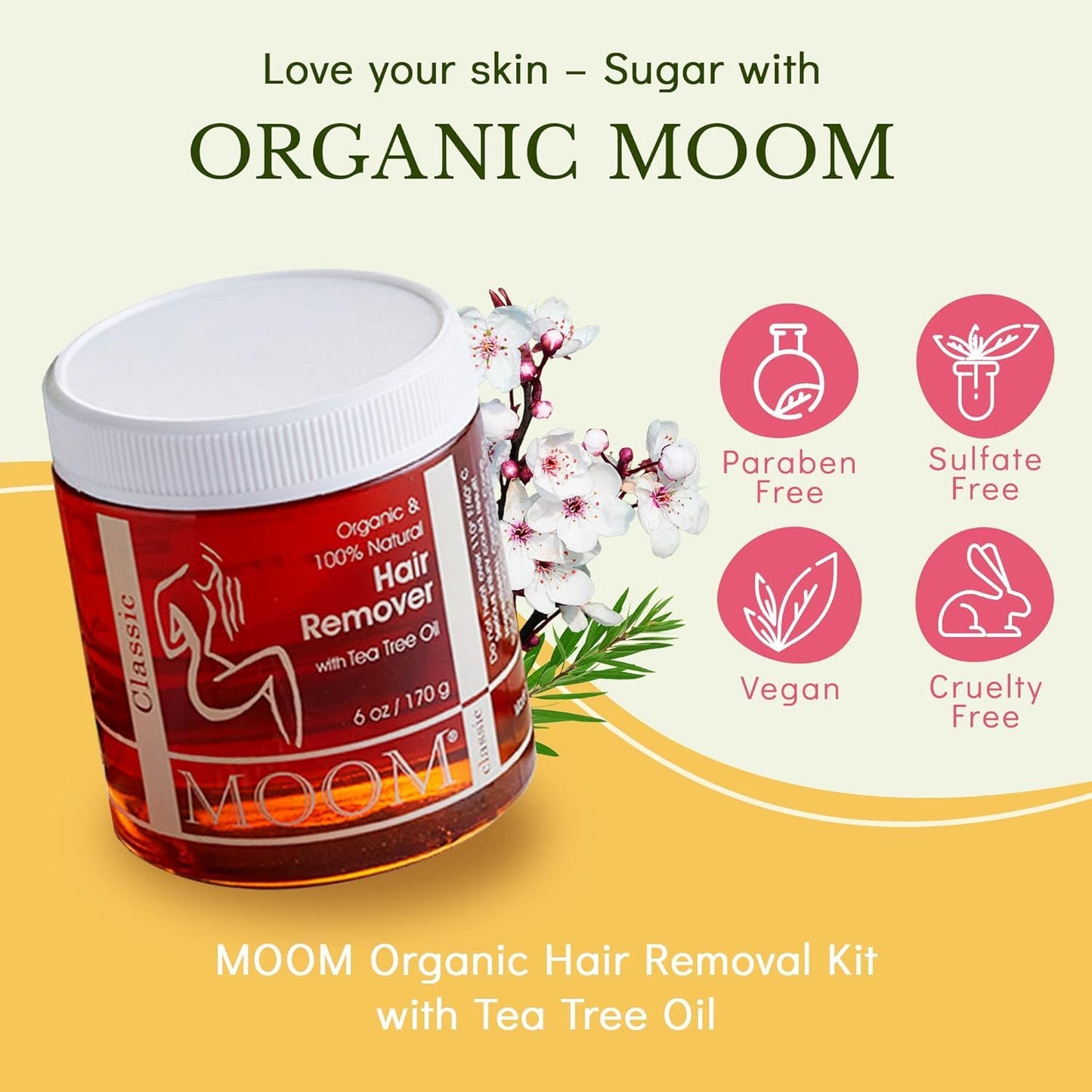 MOOM Organic Sugar Wax with Tea Tree Oil, 6 oz Jar, Hair Removal for Bikini, Brazilian, Face & Legs - Soft Wax for Sensitive Skin, Wax Beads