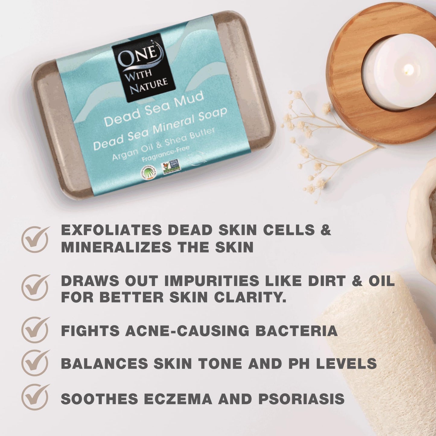 One With Nature Dead Sea Mud Soap 4oz 3-Pack - Purifying and Exfoliating Soap Bar with Dead Sea Salt Minerals for Face & Body, for Men & Women