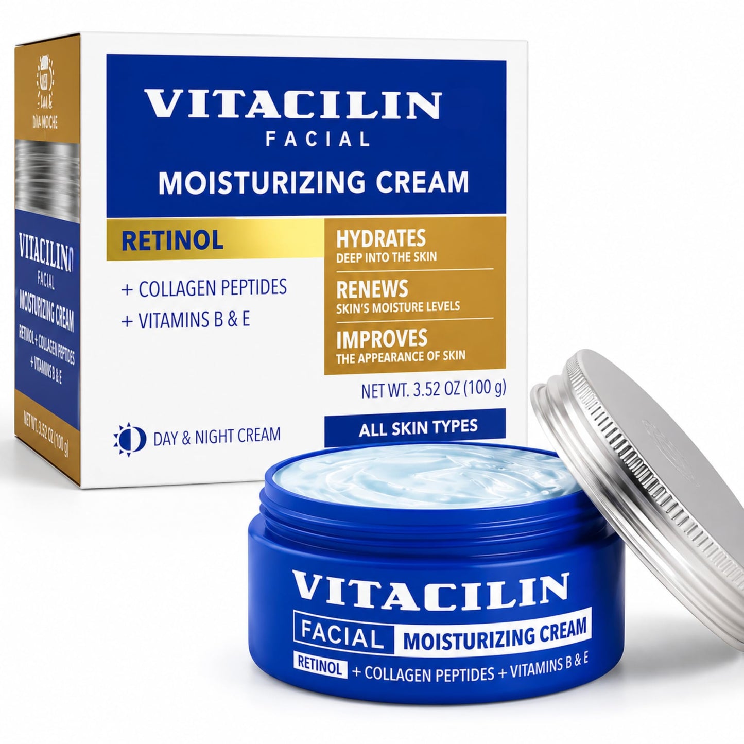 Vitacilin Facial Moisturizer with Retinol, Collagen Peptides & Vitamins B + E, 3.5 oz for All Skin Types