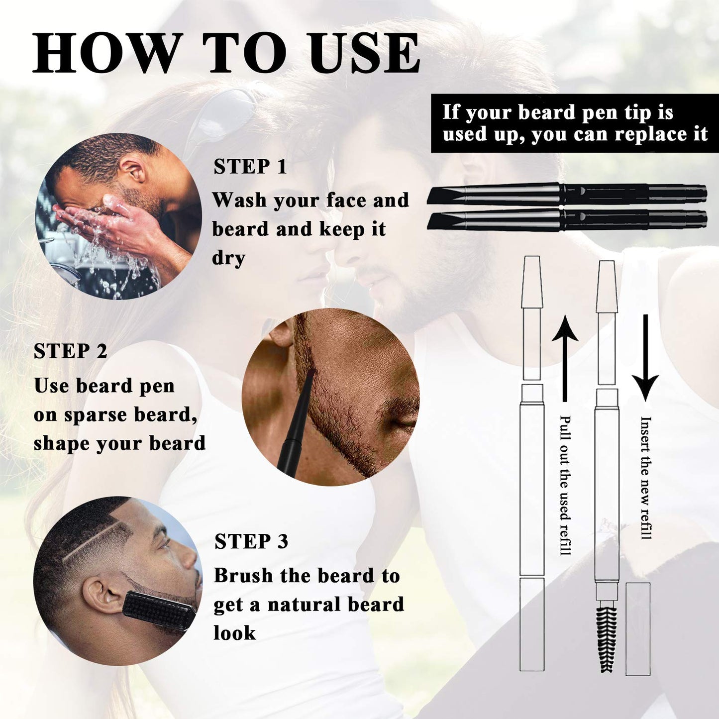 Beard Pencil Filler for Men - Water Resistant, Sweat Proof, Long Lasting & Natural Finish Barber Pencil, Mustache Repair Shape, Two Replacement Tips