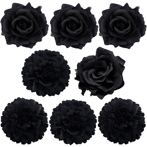 Large Floral Hair Accessory Set - Includes 4 Peony and 4 Rose Barrette Hair Clips for Flamenco Dance, Beach Party, Wedding (Black)