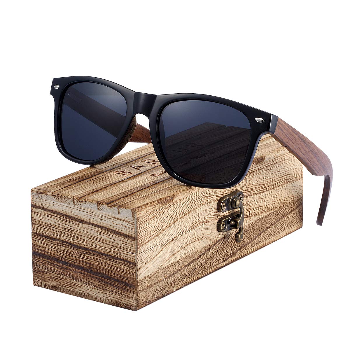 Barcur Wood Sunglasses for Men Women Polarized, uv Protection Black Walnut/Zebra Wooden Arms Frame Shades with Case(Walnut Black Grey)
