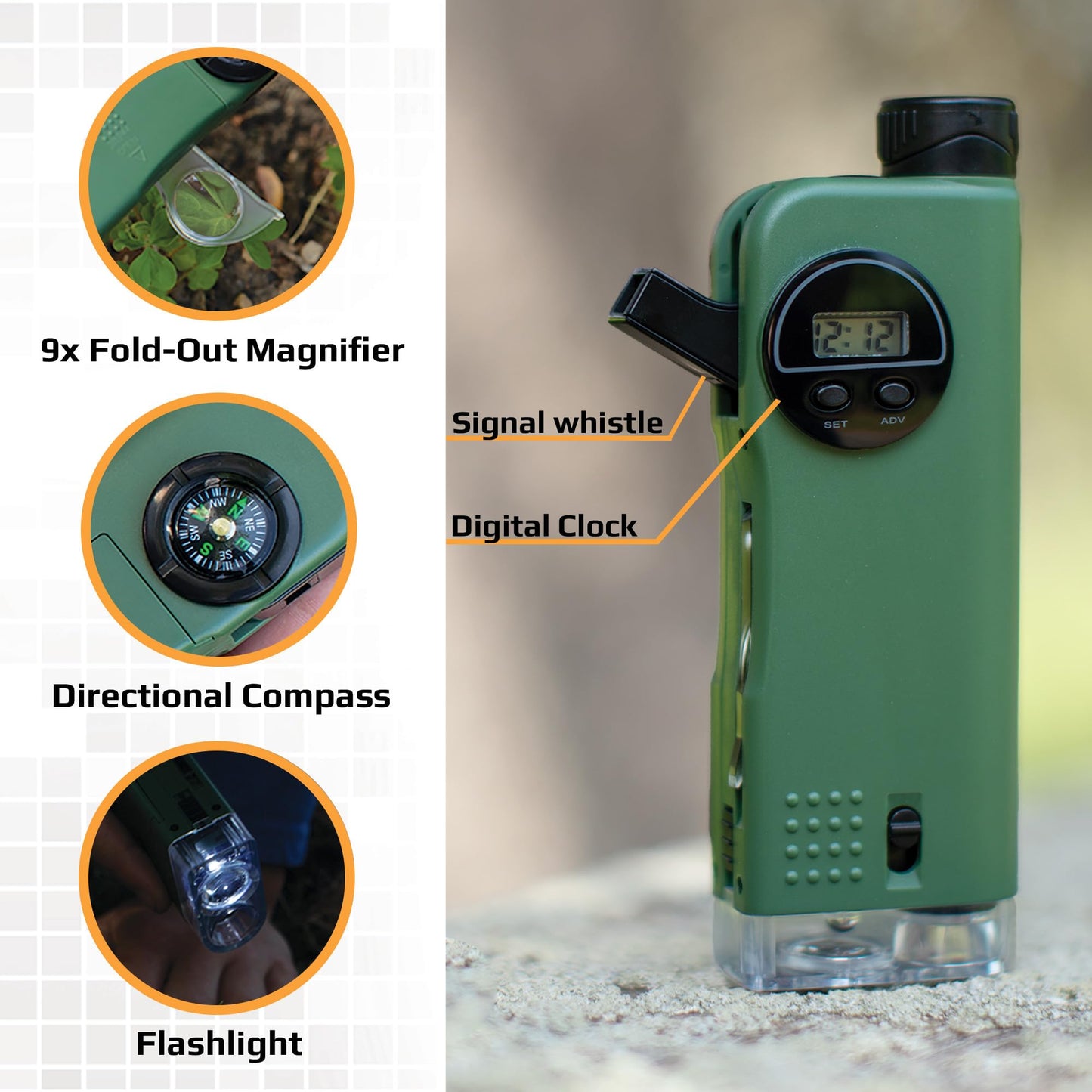 Carson X-Scope 7-in-1 Kids Optical Tool – Pocket Microscope, Telescope, Magnifier, Flashlight, Whistle, Compass & Digital Clock (CP-11)