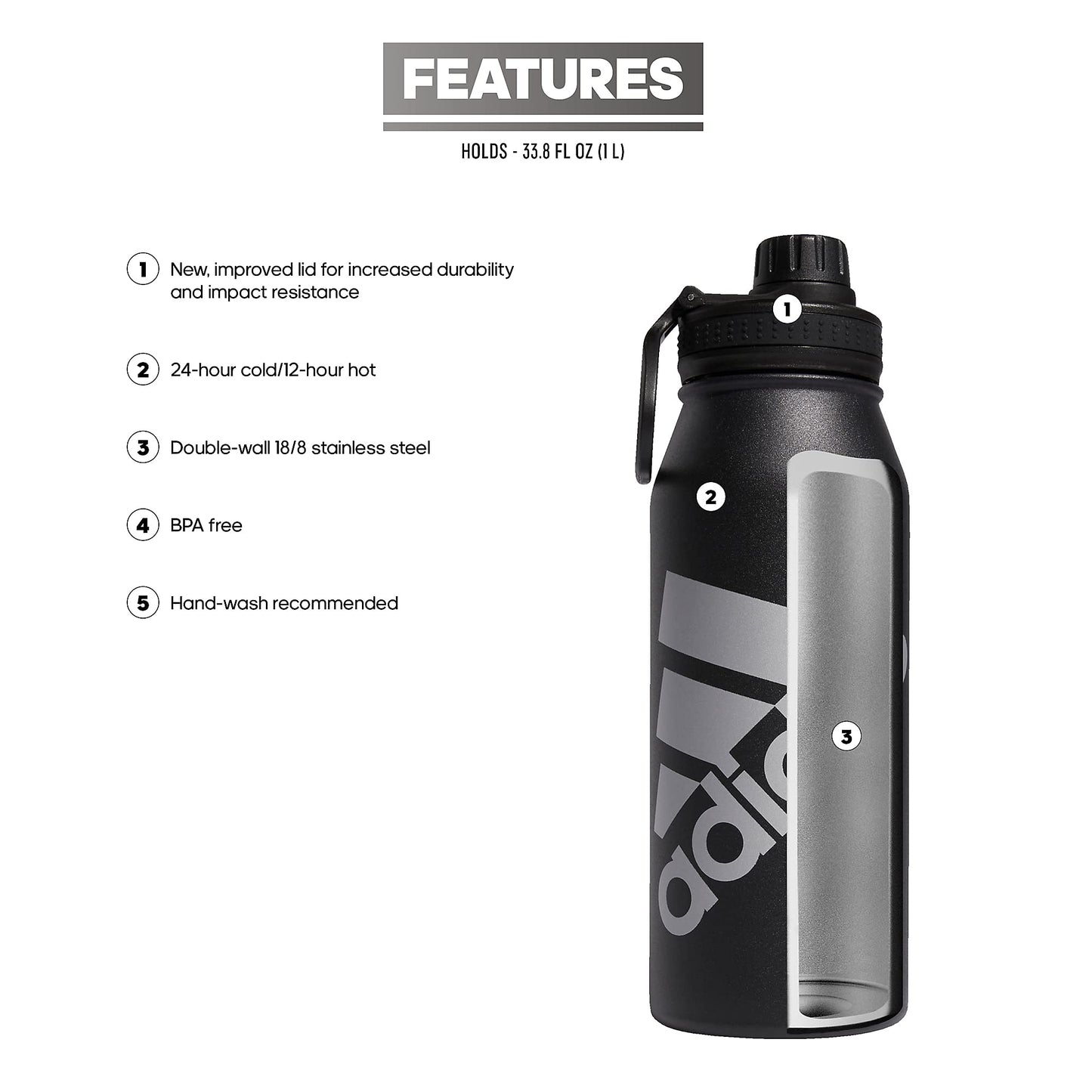 adidas 1 Liter (32 oz) Metal Water Bottle, Hot/Cold Double-Walled Insulated 18/8 Stainless Steel, Black/Silver Metallic, 32 Ounces