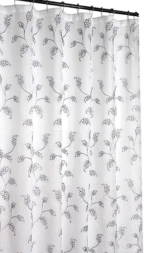 SERAFINA Decorative Sheer Fabric Shower Curtain: Two Toned Grey and White Embroidered Leaves with Metallic Threading (White/Grey) 70 x 72