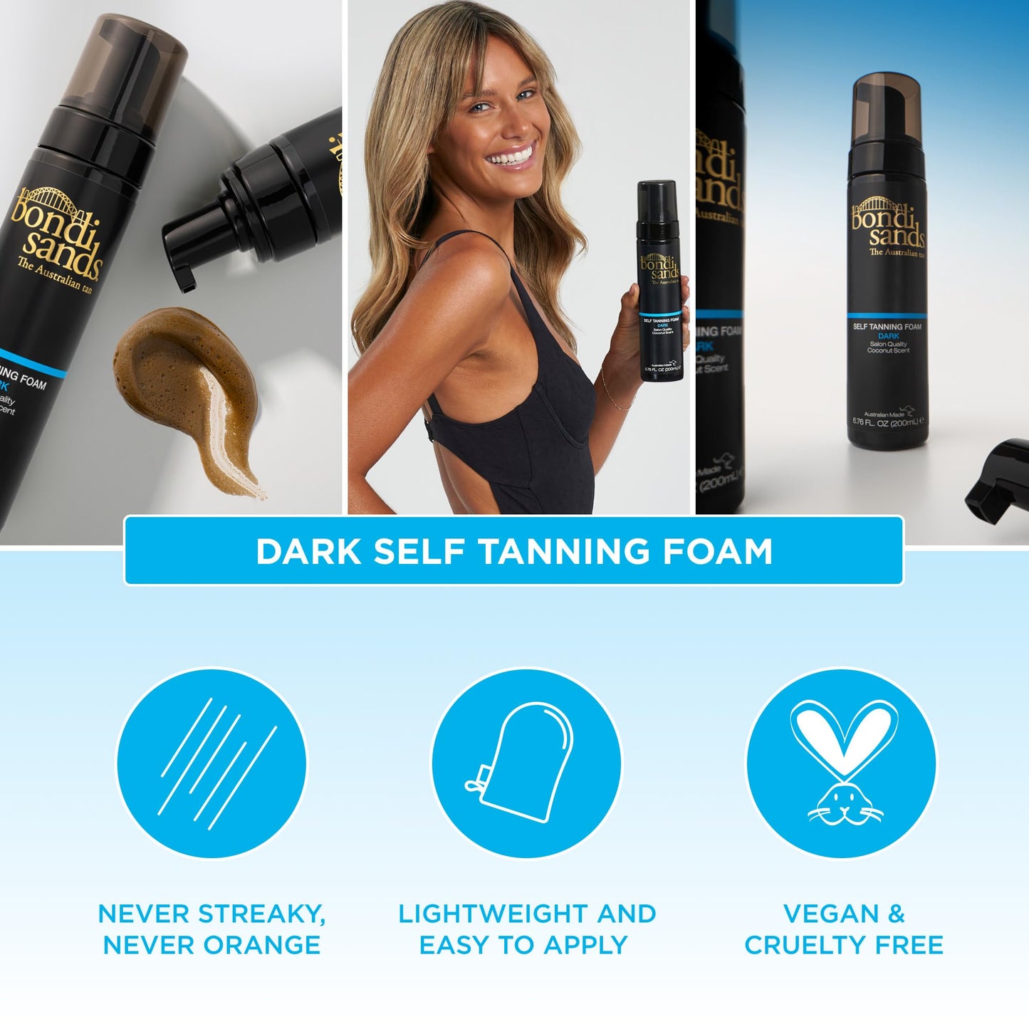 Bondi Sands Dark Self Tanning Foam | Lightweight, Self-Tanner Foam Enriched with Aloe Vera and Coconut Provides an Even, Streak-Free Tan | 6.76 oz/200