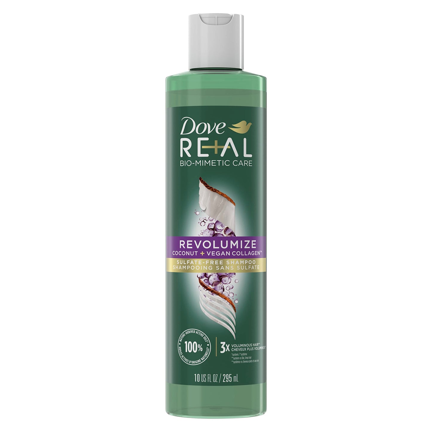 Dove RE+AL Bio-Mimetic Care Shampoo For Fine, Flat Hair Revolumize Sulfate-Free Volumizing Shampoo With Coconut + Vegan Collagen 10 Oz