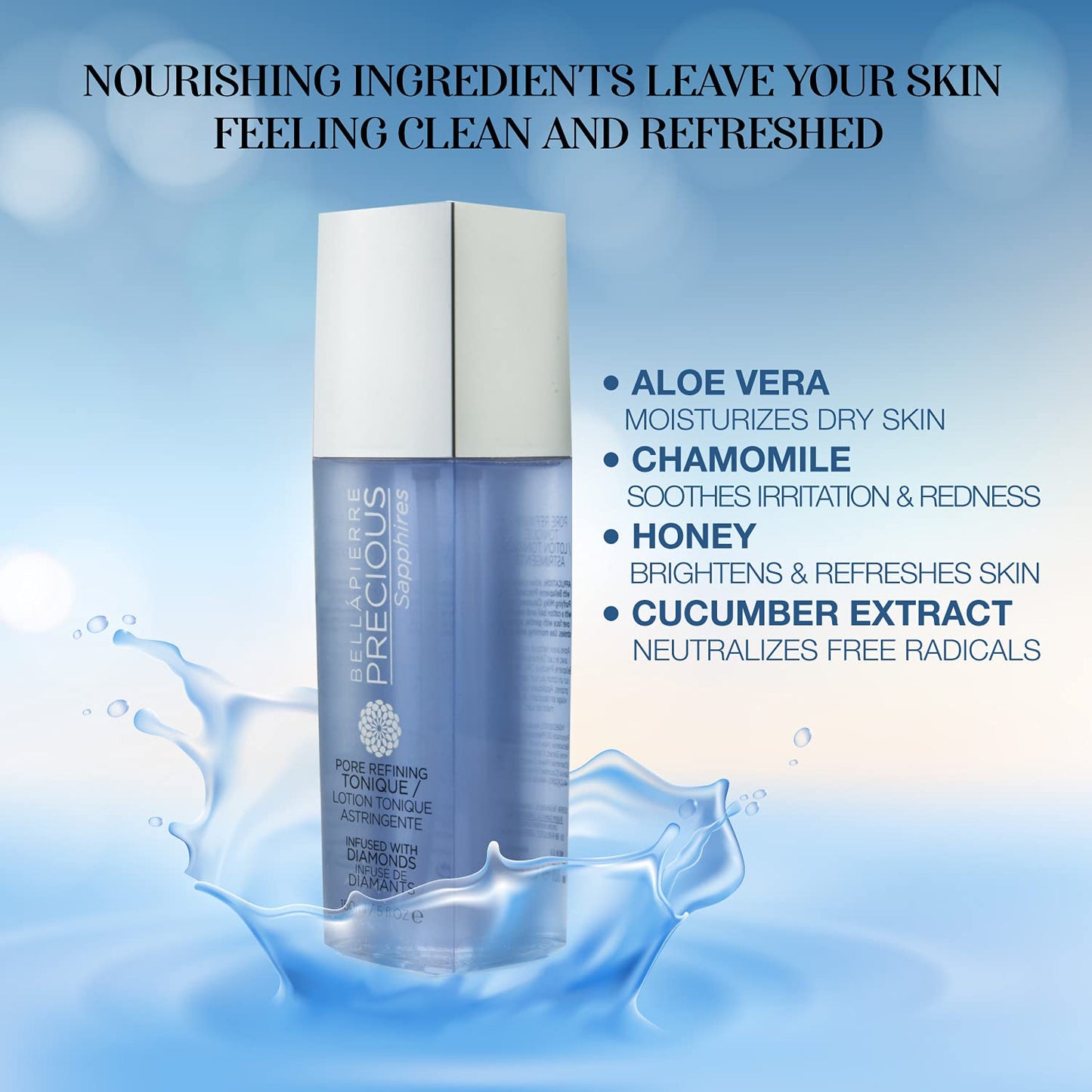 Bellapierre Precious Sapphires Diamond-Infused Pore Refining Tonique | All Natural Toner Gently Removes Makeup & Residue | Chamomile, Honey,