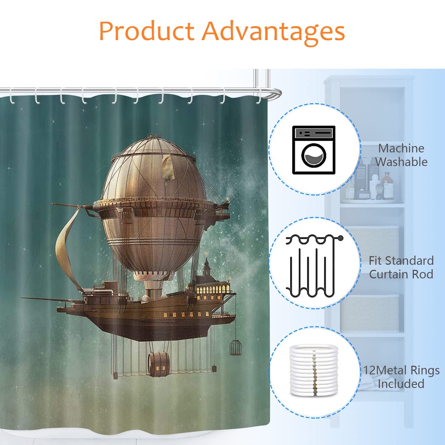 GETTOGET Sky Scenery Steampunk Airship Shower Curtain,Wonderful and Creative Design Curtain Bathroom Decor Bath Curtain Bathroom,Polyester Fabric…