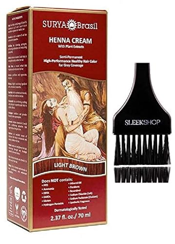 Surya Brasil All Natural HENNA Hair Color CREAM Plant Extracts, Semi-Permanent for Grey Coverage (with Brush) Brazil (LIGHT BROWN)