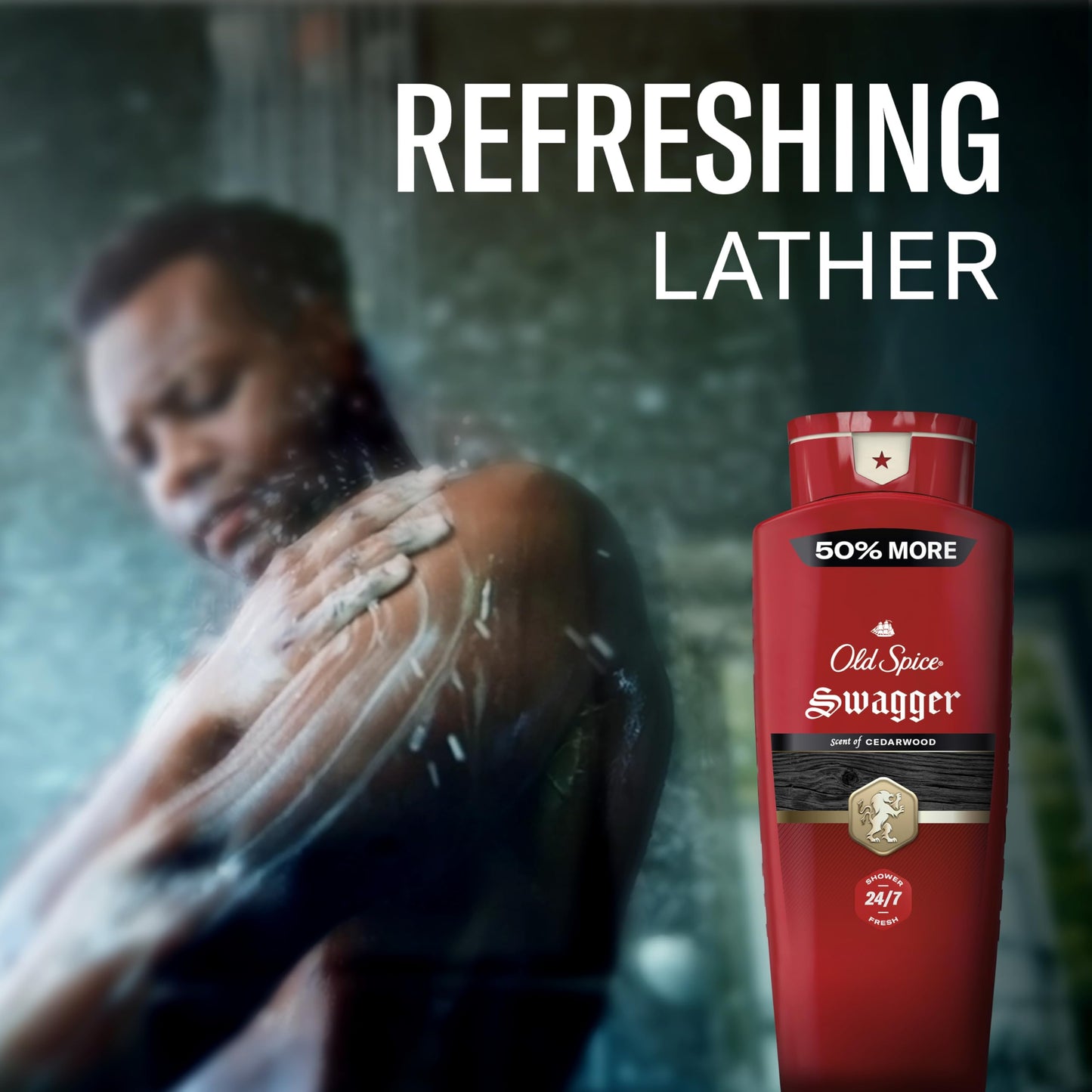 Old Spice Refreshing Body Wash for Men, 3X Defense, 24/7 Shower Fresh with Long Lasting Scent, Red Collection, Swagger with Cedarwood Scent, 24 oz