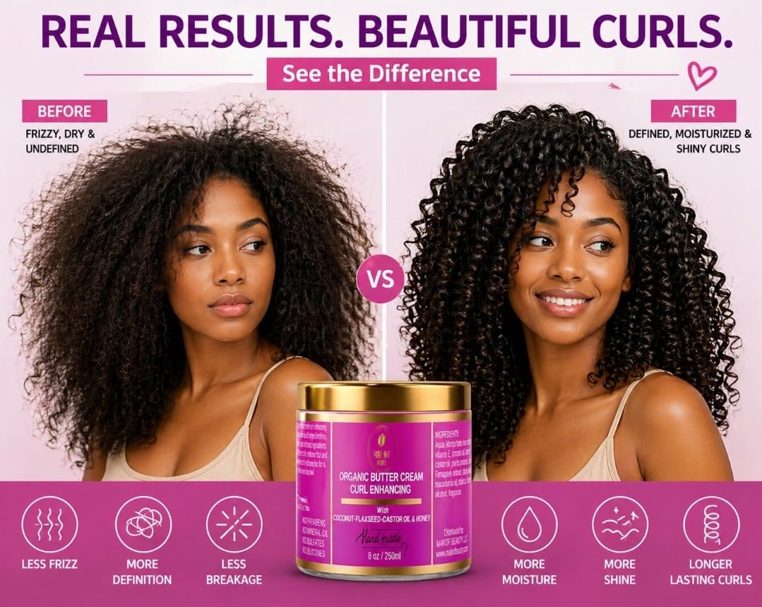 Organic Coconut Curl Enhancing Cream with Flaxseed, Black Castor Oil. Curls Detangler, Moisture-rich, Curl Revival Cream. Anti-Frizz, Defines All Curl
