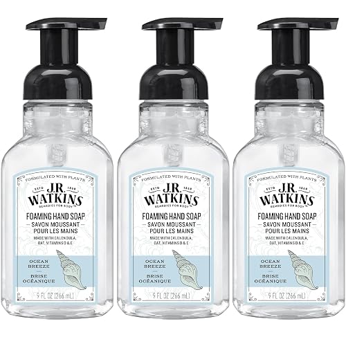 J.R. Watkins Foaming Hand Soap For Bathroom or Kitchen, Scented, Cruelty Free, 9 Fl Oz, Ocean Breeze, 3 Pack
