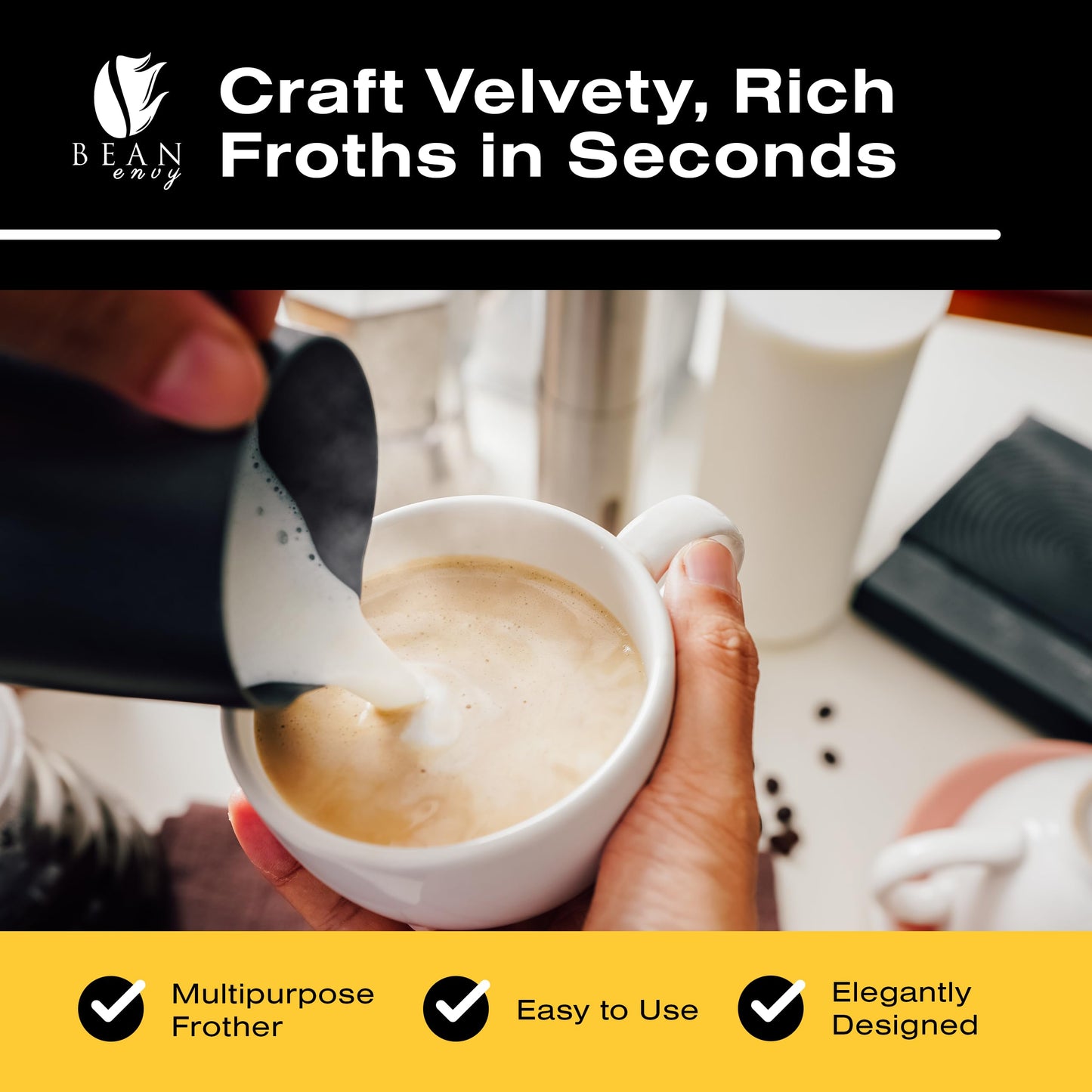 Bean Envy Handheld Milk Frother – Mini Whisk & Coffee Foamer with Stand for Lattes, Cappuccino, Matcha & Hot Chocolate, Black
