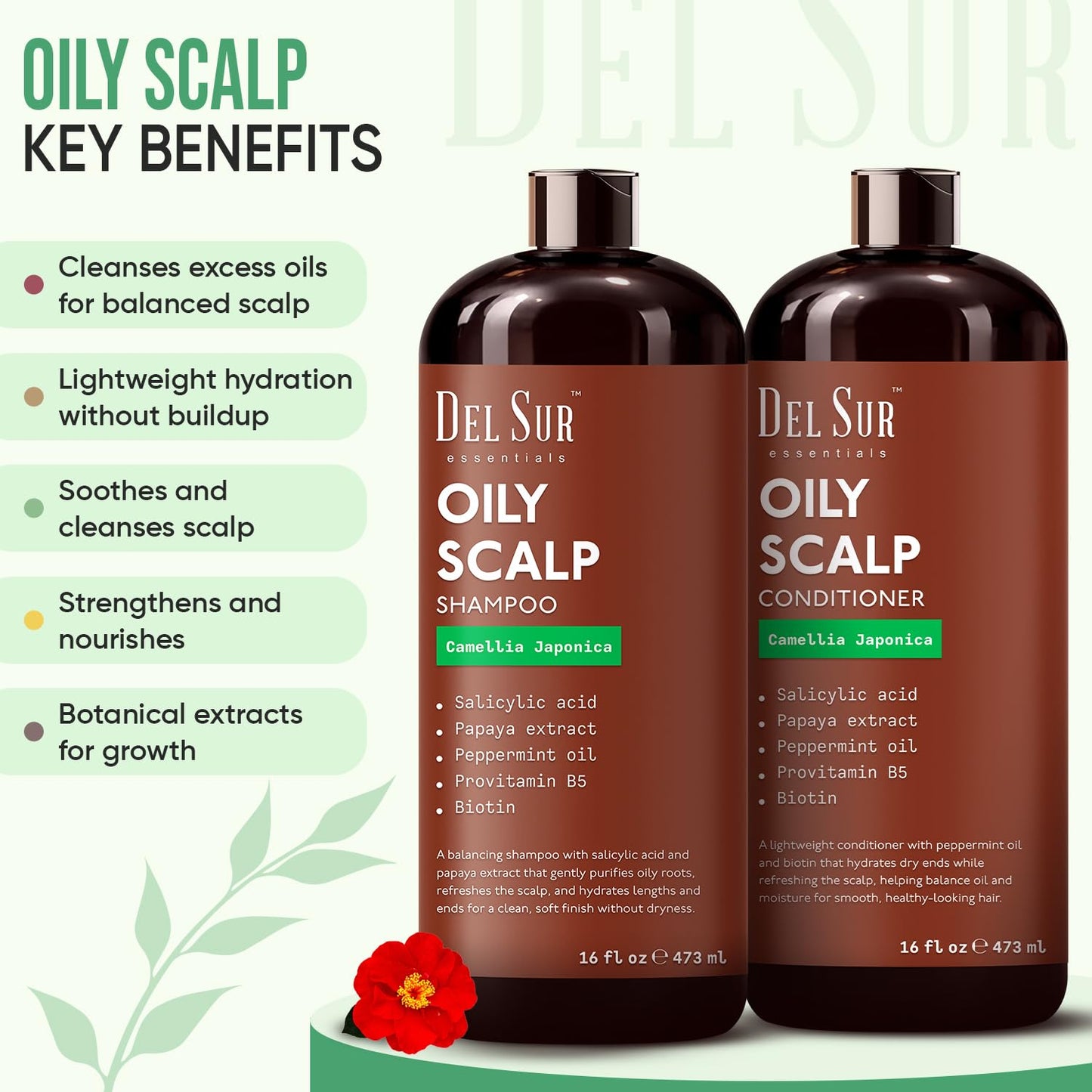 DEL SUR Clarifying Shampoo and Conditioner Set for Oily Hair | 16 fl oz | with Camellia Japonica, Salicylic Acid, Papaya & Biotin | Scalp Oil Control