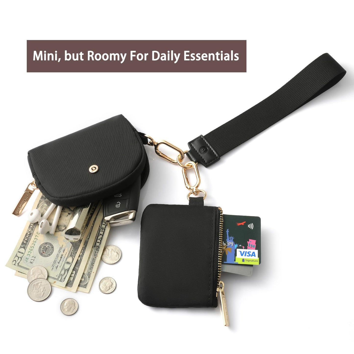 Keychain Wallet Mini Zip Around Wristlet Wallets For Women Detachable Dual Pouch Portable Coin Purse Small With Rfid Blocking (Black & Gold Hardware)