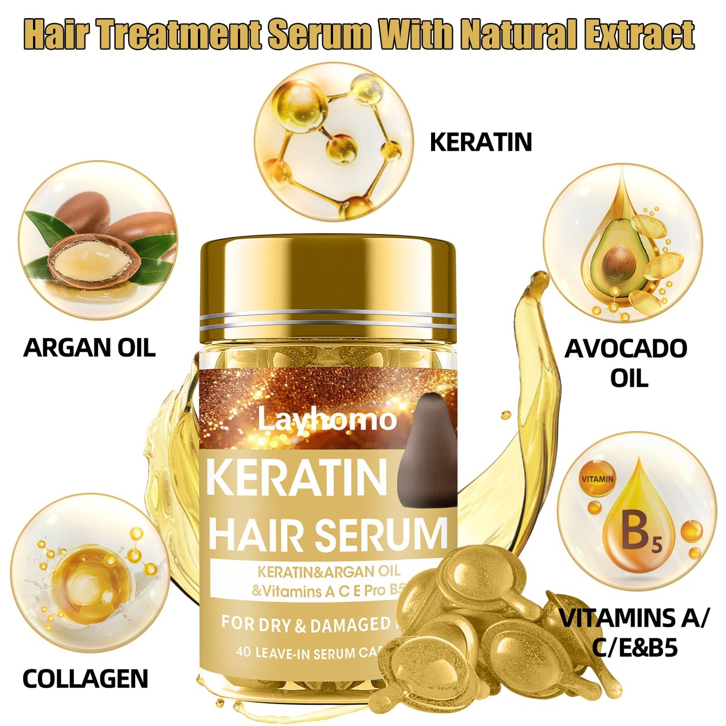 Keratin Hair Treatment Serum,Hair Serum Treatment for Dry Damaged Hair,Hair Oil Capsules with Keratin,Argan Oil-Leave-in Anti Frizz Conditioner Beauty and Personal Care Layhomo