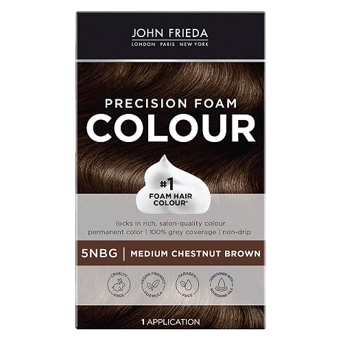 John Frieda Precision Foam Colour, Medium Chestnut Brown 5NBG, Full-coverage Hair Color Kit, Anti-Fade Gray Coverage, Deep Color Saturation Hair Dye