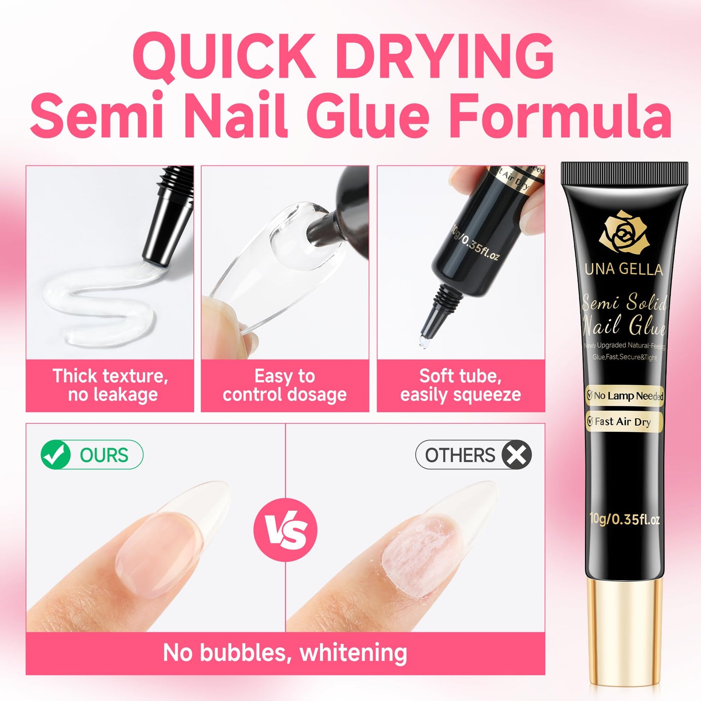 UNA GELLA No Lamp Need Solid Nail Glue for Press Ons: Nails Acrylic Nails Super Strong Semi Nail Glue Gel Fast Curing 10ml*2pcs Long Lasting Gel Glue Beauty and Personal Care UNA GELLA