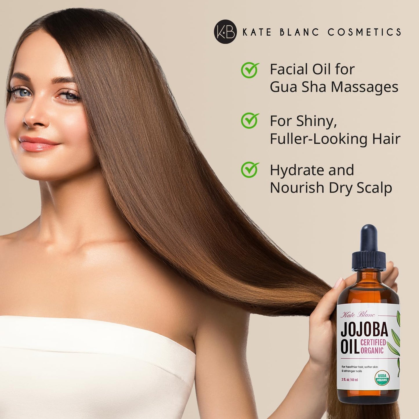 Kate Blanc Cosmetics Organic Jojoba Oil for Hair, Skin, Face, Nails (2oz) - USDA Certified, 100% Pure Cold Pressed Unrefined - Moisturizing Carrier