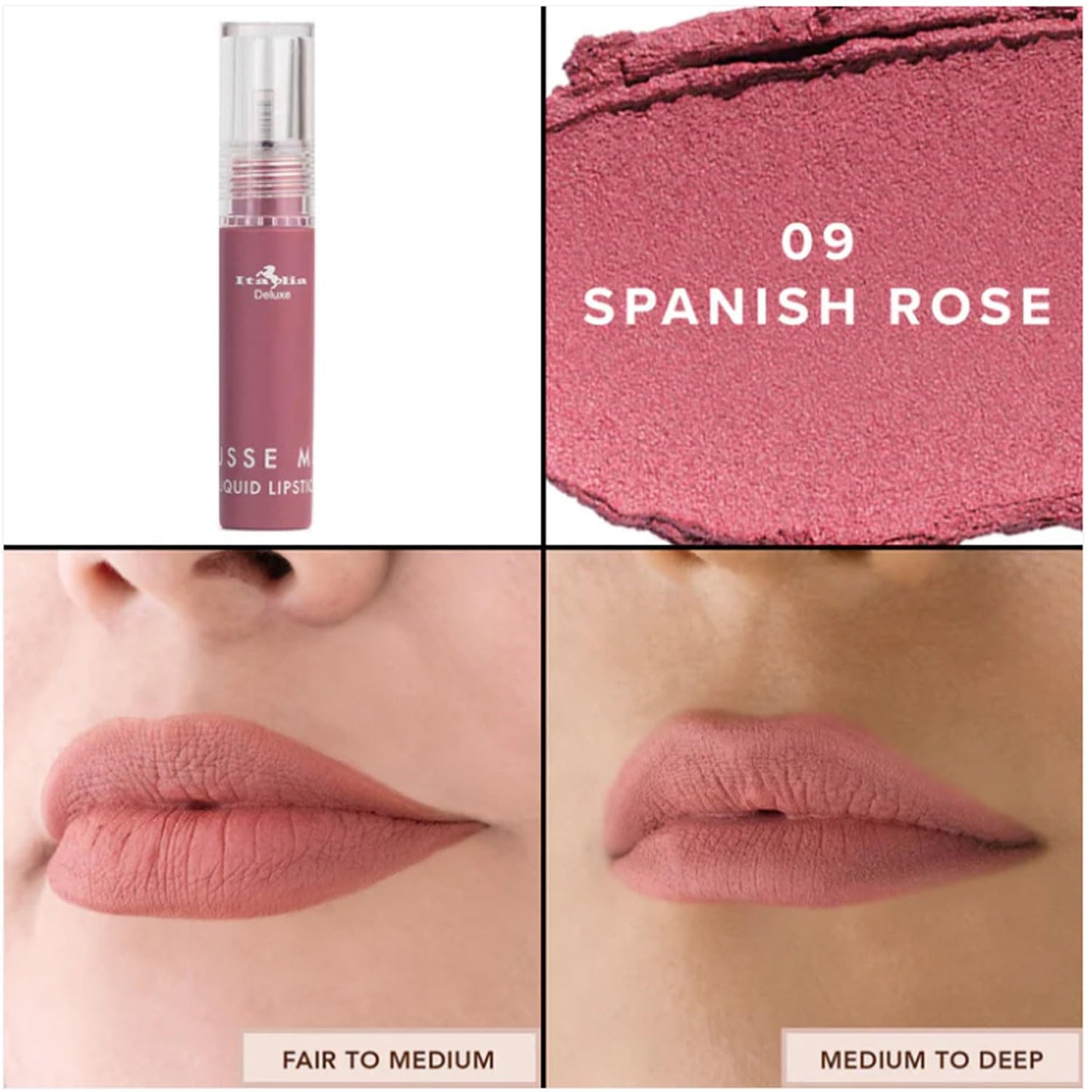 Italia Deluxe Pick 1 Mousse Matte Liquid Lipstick Comfortable Velvet Finish & Zipper Bag (190-09 : SPANISH ROSE, Full Size)