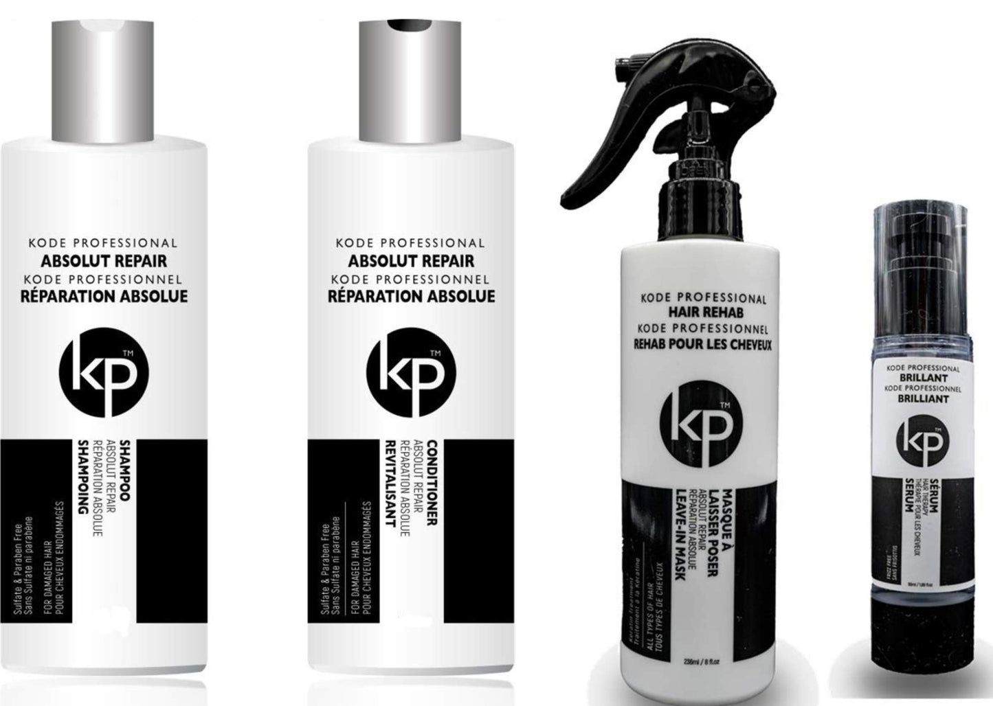 4PC Bundle: Kode Professional Absolut Repair Shampoo, Conditioner, 8oz Hair Rehab and 50ml Brilliant Serum (8oz 4pc Kit)