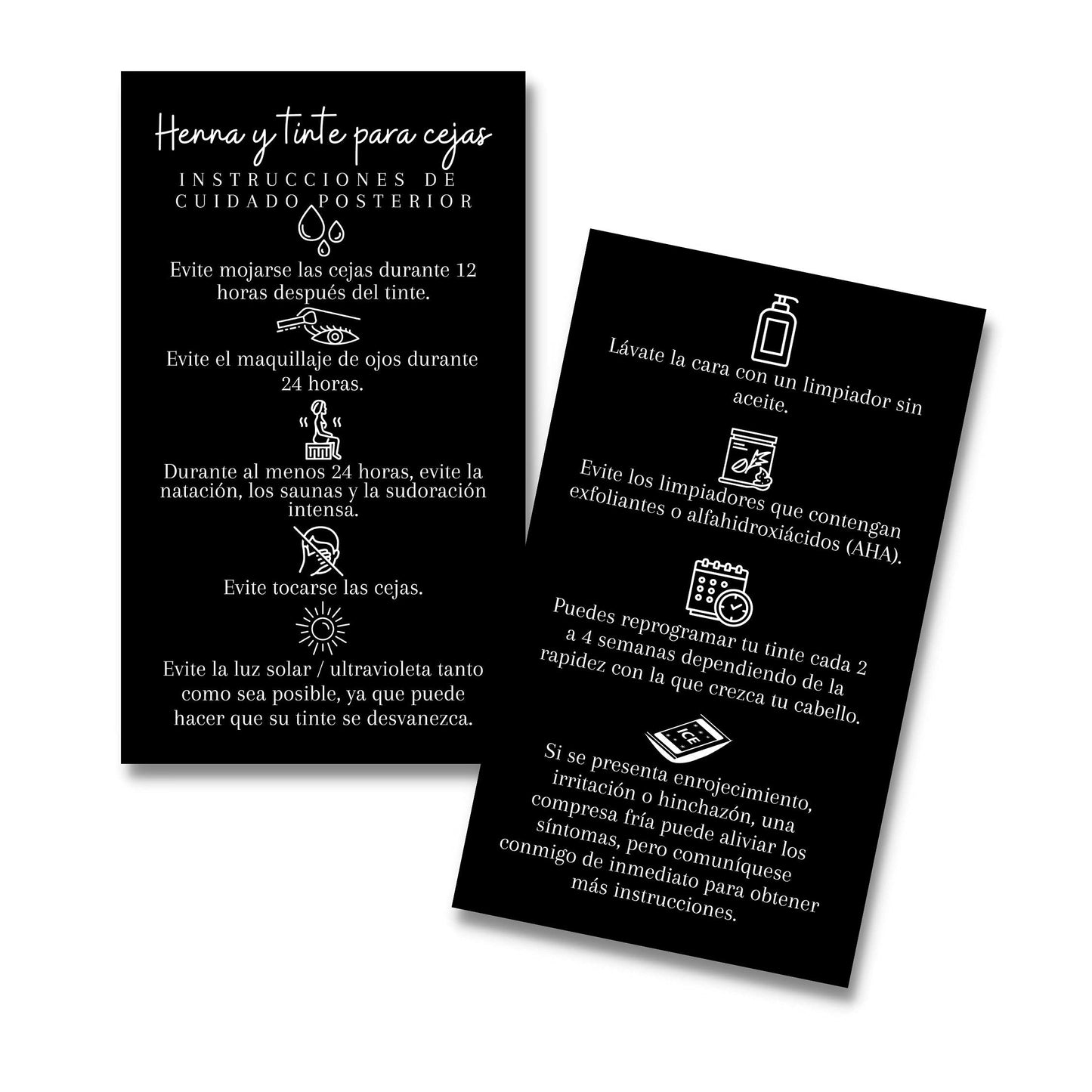 SPANISH Brow Tint & Henna Aftercare Card | Henna y Tinte Para Cejas | 50 Pack | Size 2x3.5” inches Business Card | Starter Lift Kit with Tint at home