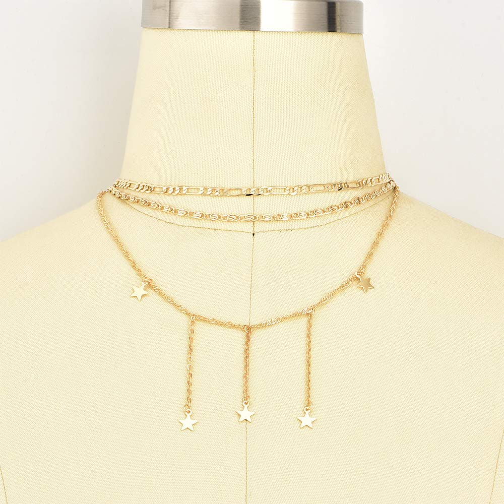 DoubleNine Star Pendant Layering Necklaces Tassels Charm 2 Way Choker Gold Sequins Chic Dainty Jewelry Accessories for Bridesmaid Women Girl set of 2