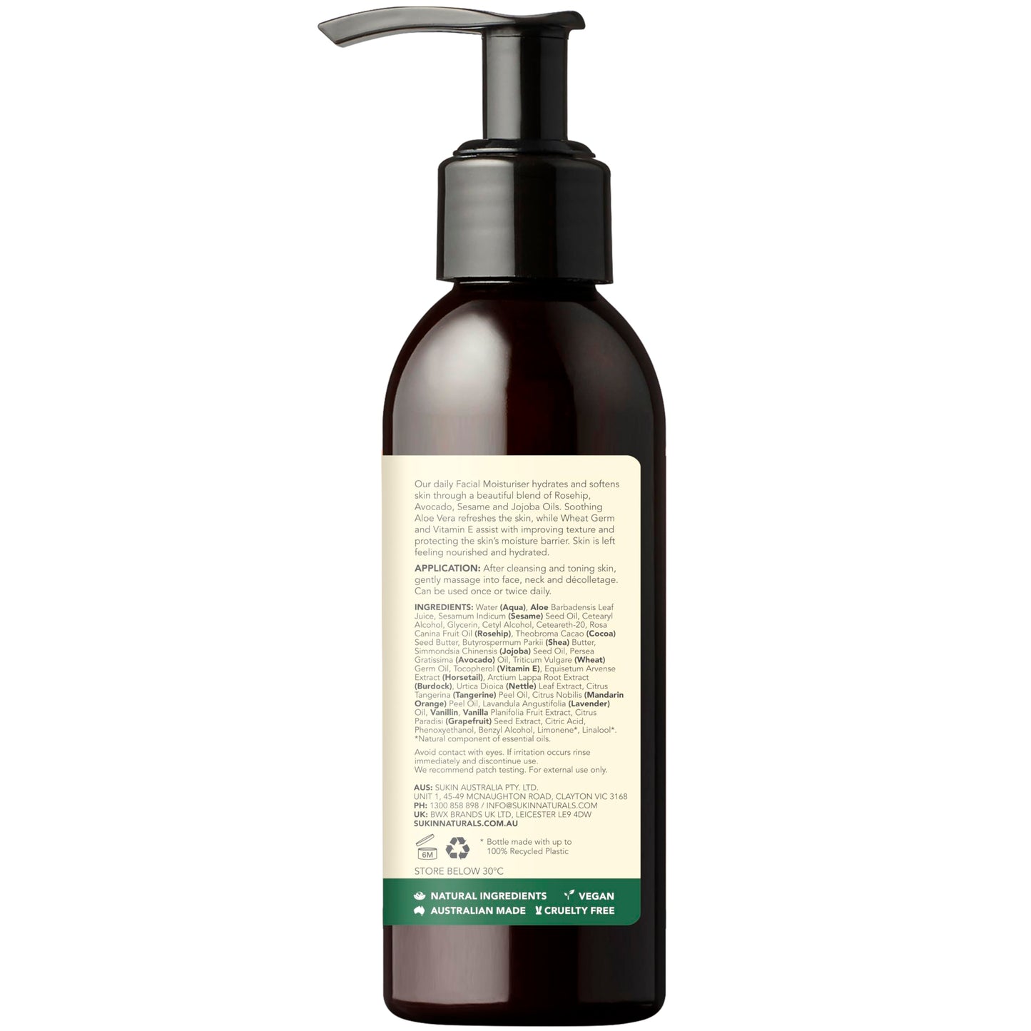 Sukin Facial Moisturizer Pump, Hydrating Face Cream with Wheat Germ and Vitamin E to Deeply Nourish, Soften and Improve Skin Texture, 4.23 Fl Oz
