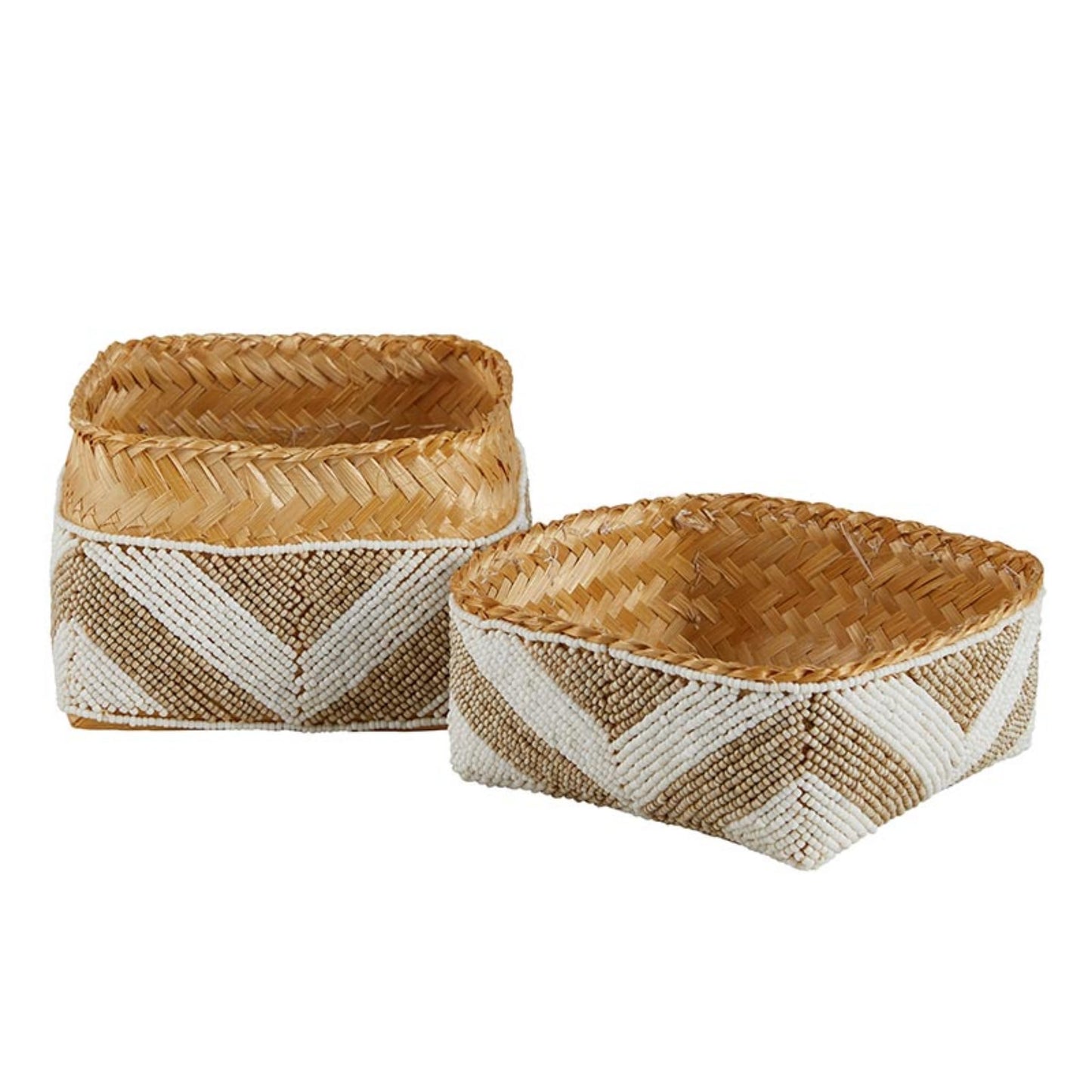 47th & Main Beaded Baskets Square Woven Bamboo Storage Boxes with Lids, Set of 3, Light Pattern