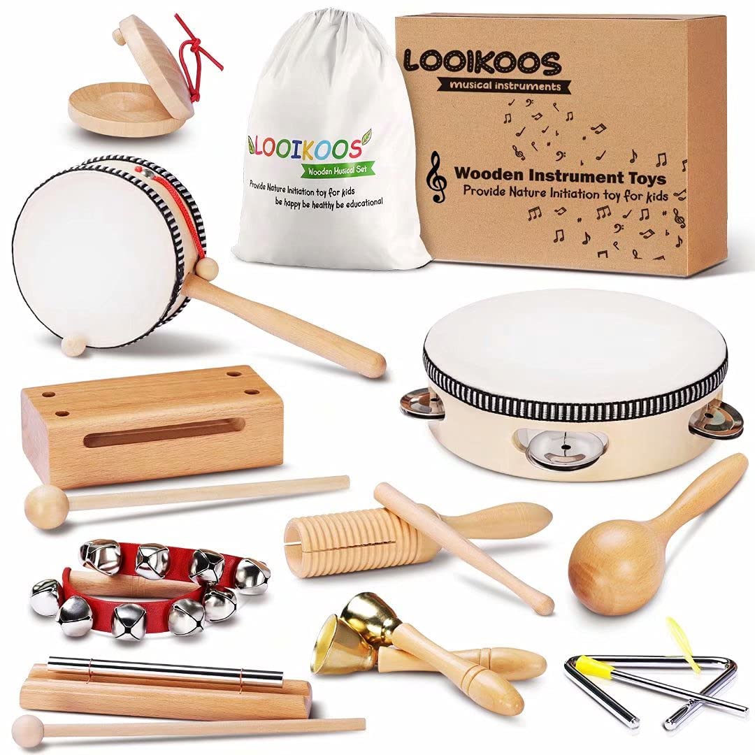 LOOIKOOS Toddler Musical Instruments – Montessori Wooden Percussion Set with Storage Bag, Educational Music Toys for Kids, Boys & Girls