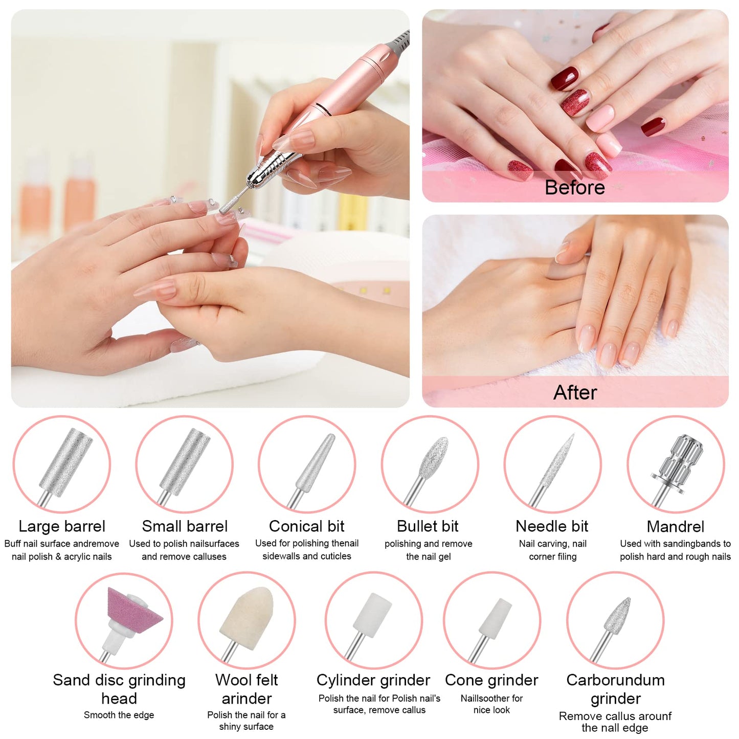 Rechargeable 35000 RPM Nail Drill, Portable Cordless Professional Electric Nail File Kit with 11 Nail Drill Bits for Acrylic, Gel Nails, Manicure