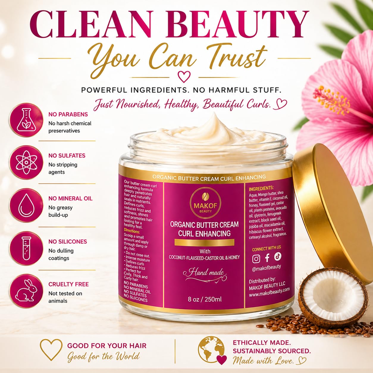 Organic Coconut Curl Enhancing Cream with Flaxseed, Black Castor Oil. Curls Detangler, Moisture-rich, Curl Revival Cream. Anti-Frizz, Defines All Curl