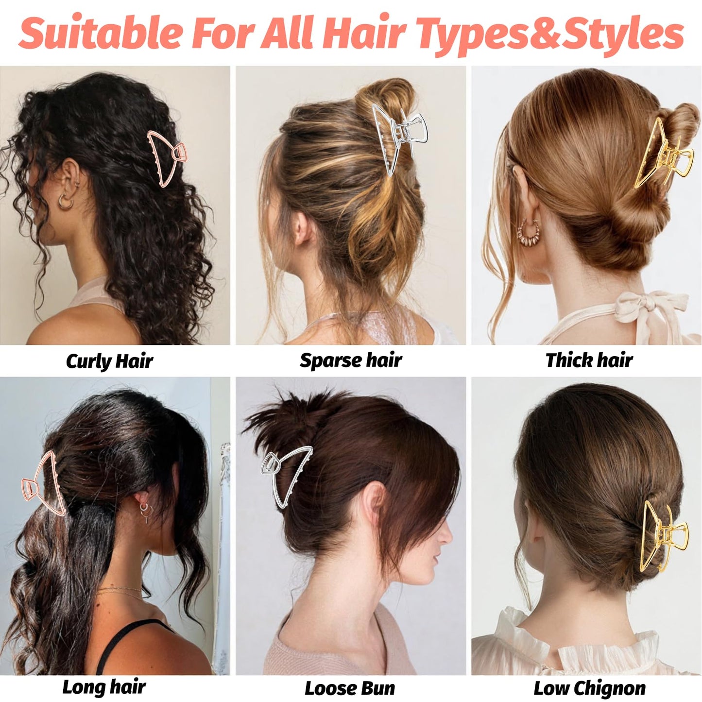 VinBee Metal Hair Clips for Women Hair Claw Clips Medium for Thick Hair 3 Pack (Silver + Gold + Rose Gold)