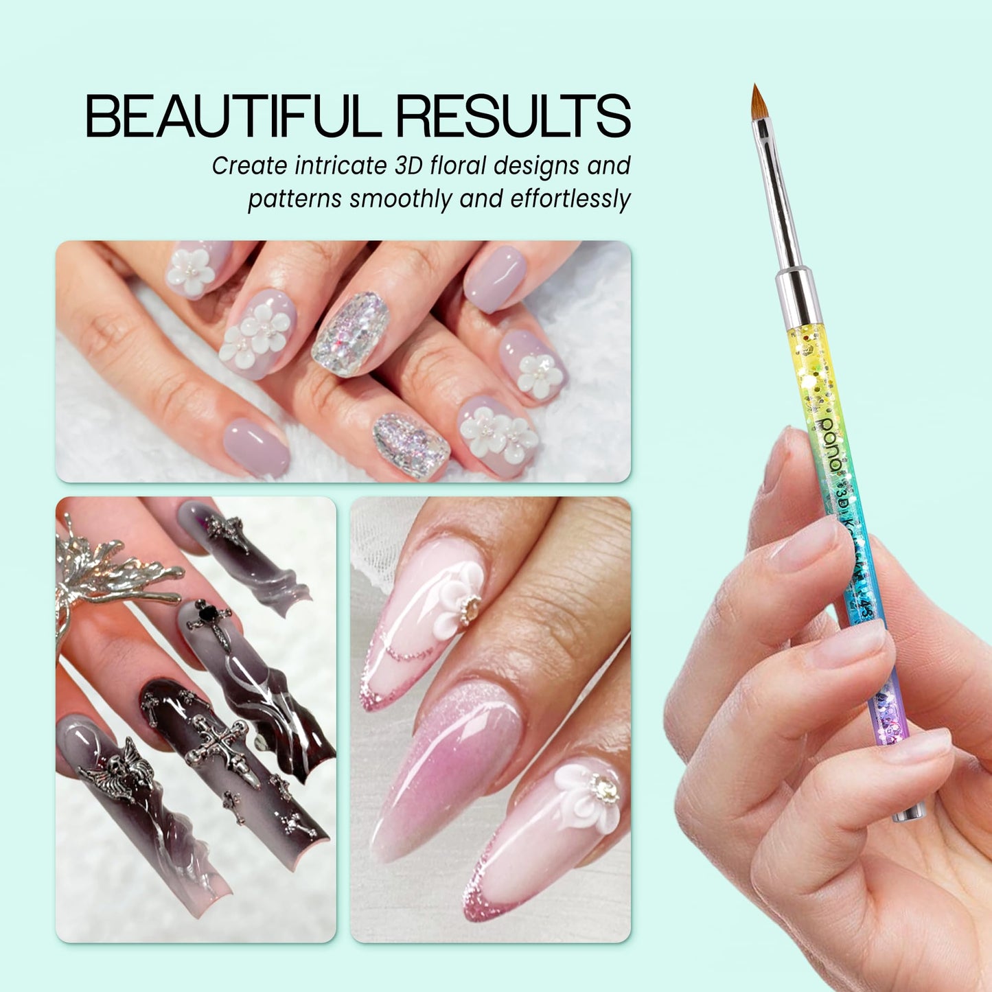 PANA Kolinsky 3D Acrylic Nail Brushes with Liquid Glitter Handle - For Professional Acrylic Powder Liquid Manicure Pedicure (Rainbow Color, Size #4) Beauty & Personal Care PANA