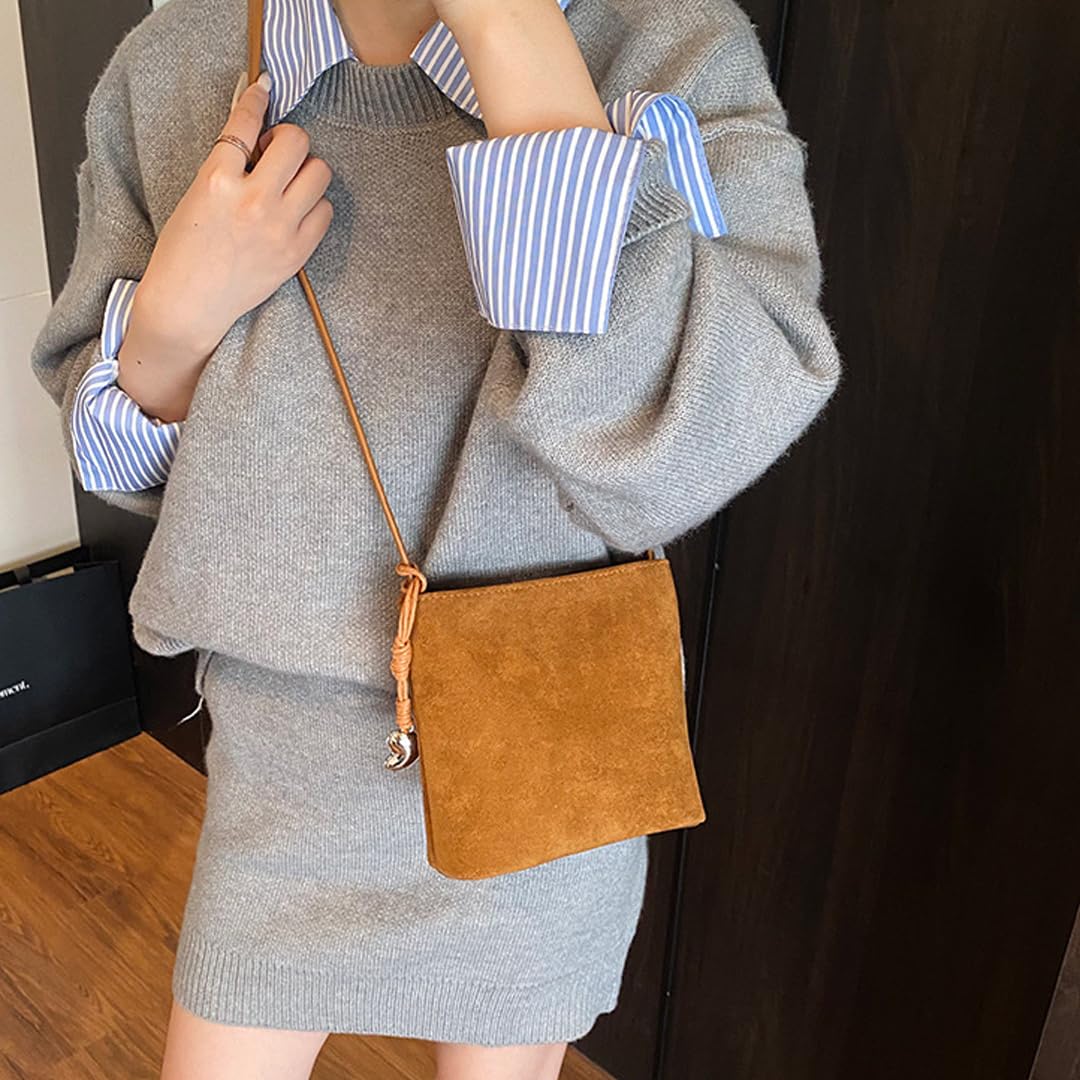 Mini Suede Bucket Bags for Women Suede Slouchy Shoulder Bag Crossbody Bags Vintage Fall Purse Hobo Handbag Work Travel (Brown)