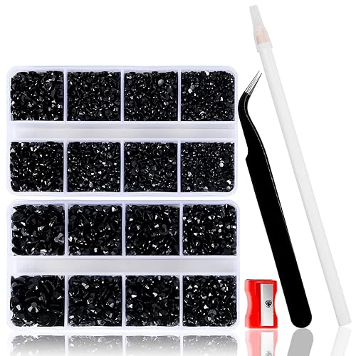 QPRETTY DU 10400 Black Rhinestones, Jelly Resin Crystals for Nails, Flatback Non Hotfix DIY Crystals with 15 cm Pencil Sharpener and Tweezer & Picker