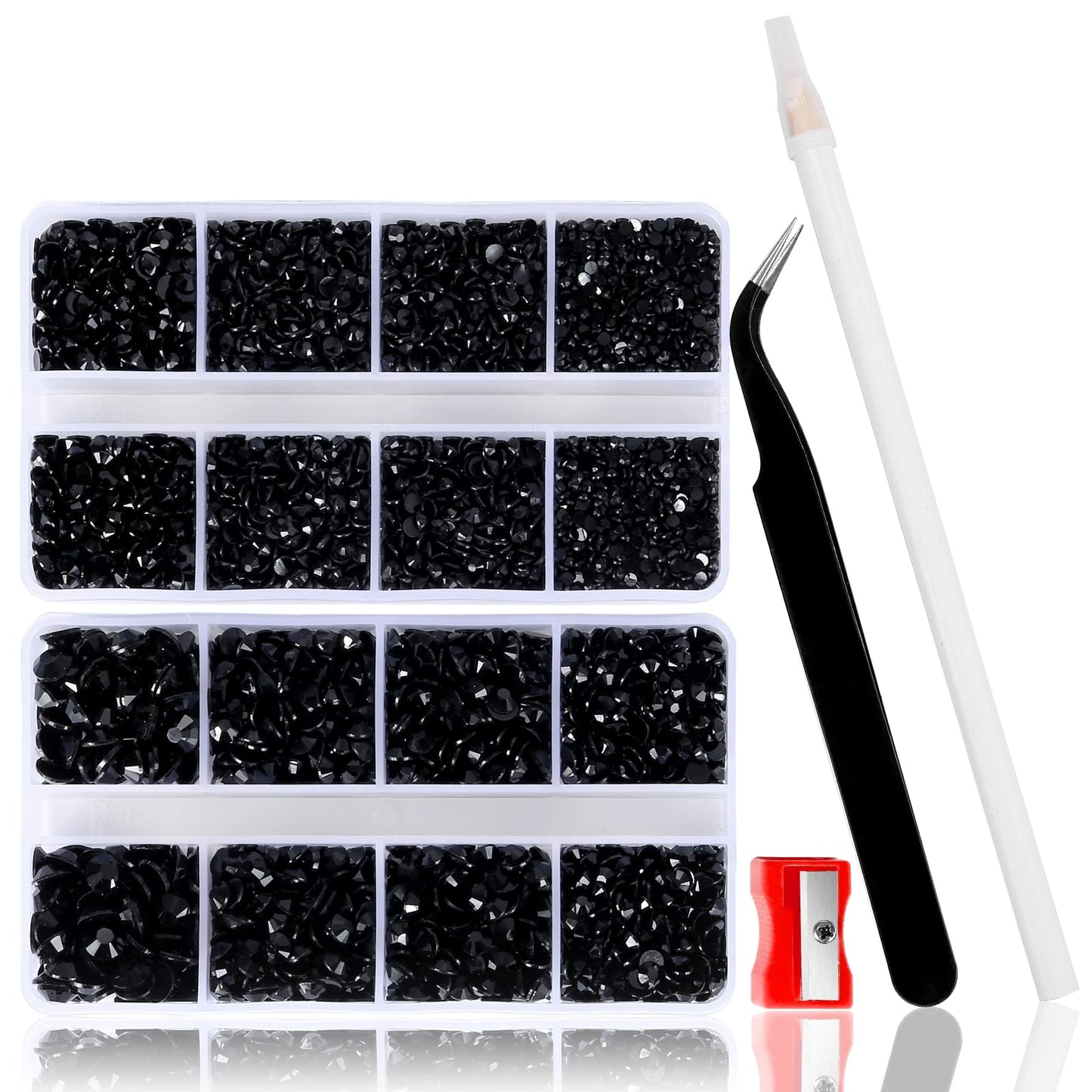 QPRETTY DU 10400 Black Rhinestones, Jelly Resin Crystals for Nails, Flatback Non Hotfix DIY Crystals with 15 cm Pencil Sharpener and Tweezer & Picker