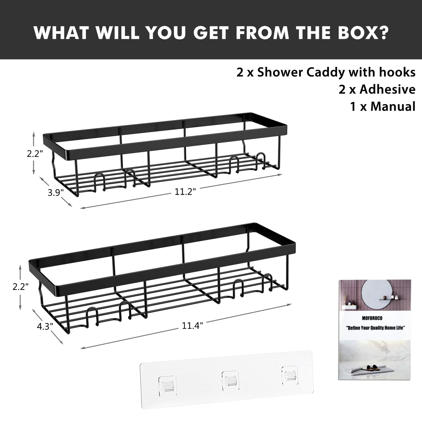 Moforoco Shower Caddy Shelf – Self-Adhesive Black Bathroom Organizer Rack for Wall, RV, Apartment, Home Storage Essentials