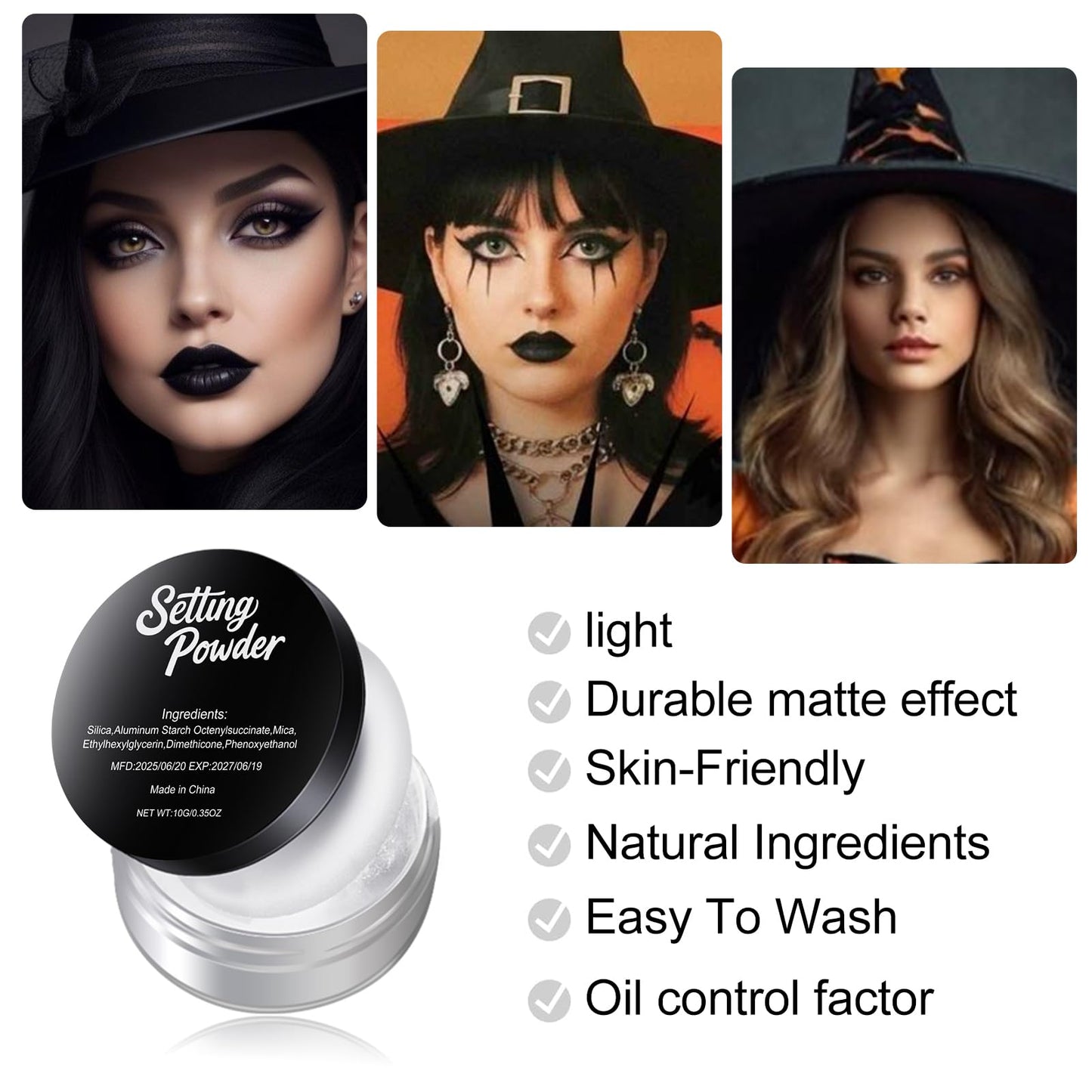 Talc-Free Setting Powder Makeup with Sifter, White Translucent Powder Colorset Powder, Matte Finishing Kimchi Setting Powder for Halloween SFX