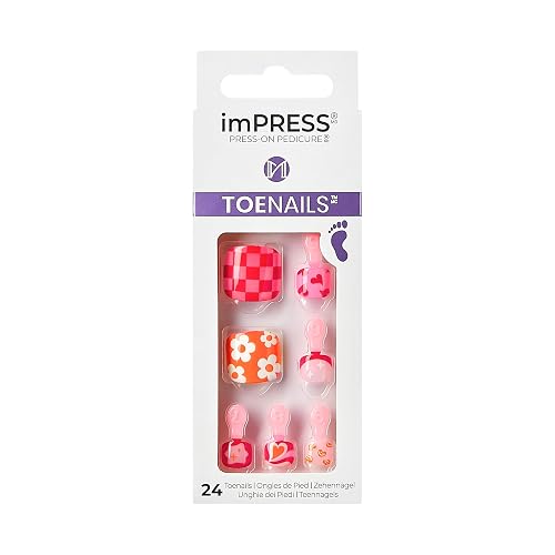 KISS Impress No Glue Pedi Press-On Toenails, Summer Retro Hot Pink & Orange Flower & Heart French Tip, Squoval Shape, Includes 24 Nails, Prep Pad, 1 Beauty & Personal Care KISS