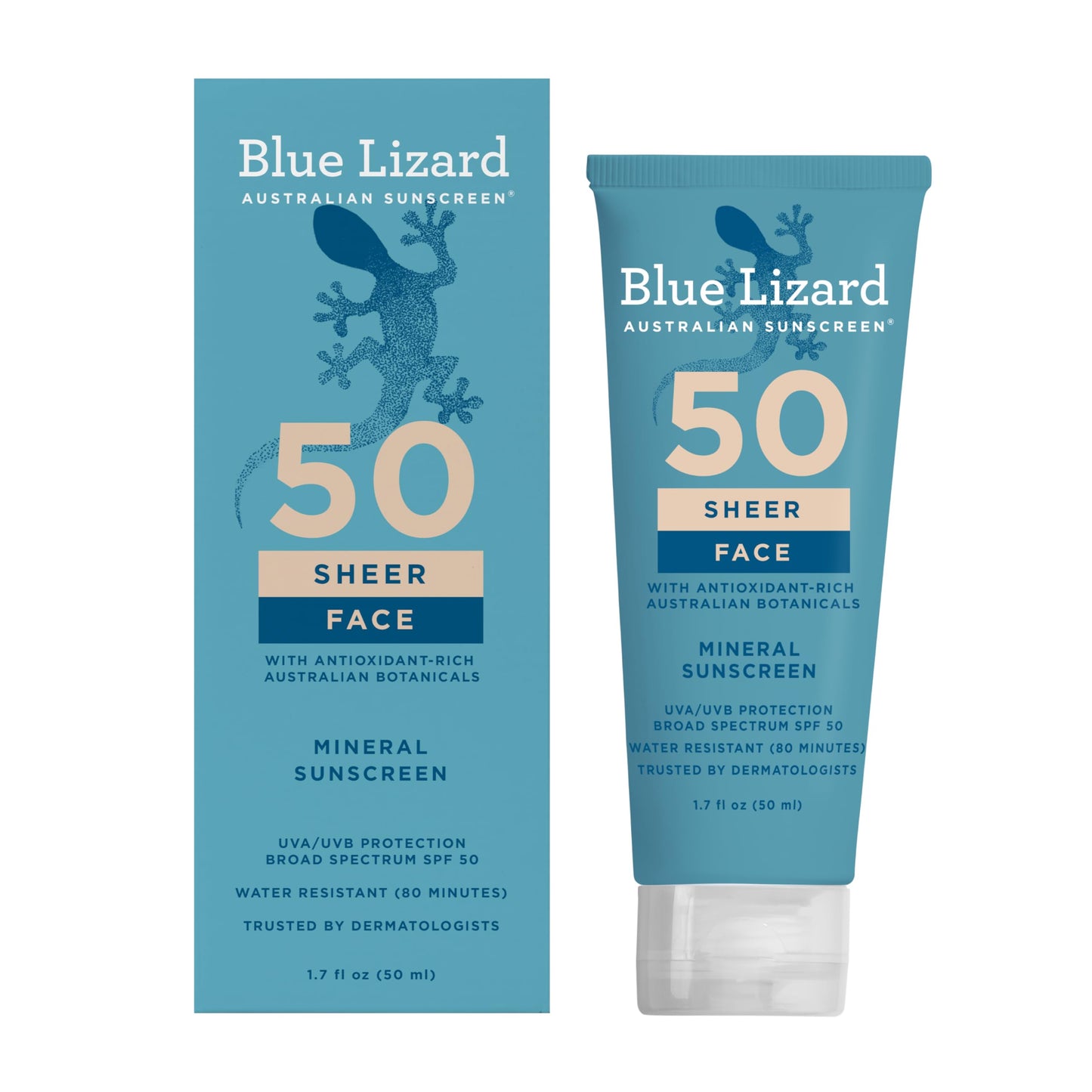 Blue Lizard Sheer Face Mineral SPF 50 Sunscreen Lotion, 100% Mineral Formula, Blue Light Protection, Lightweight, No White Cast, Nourishes